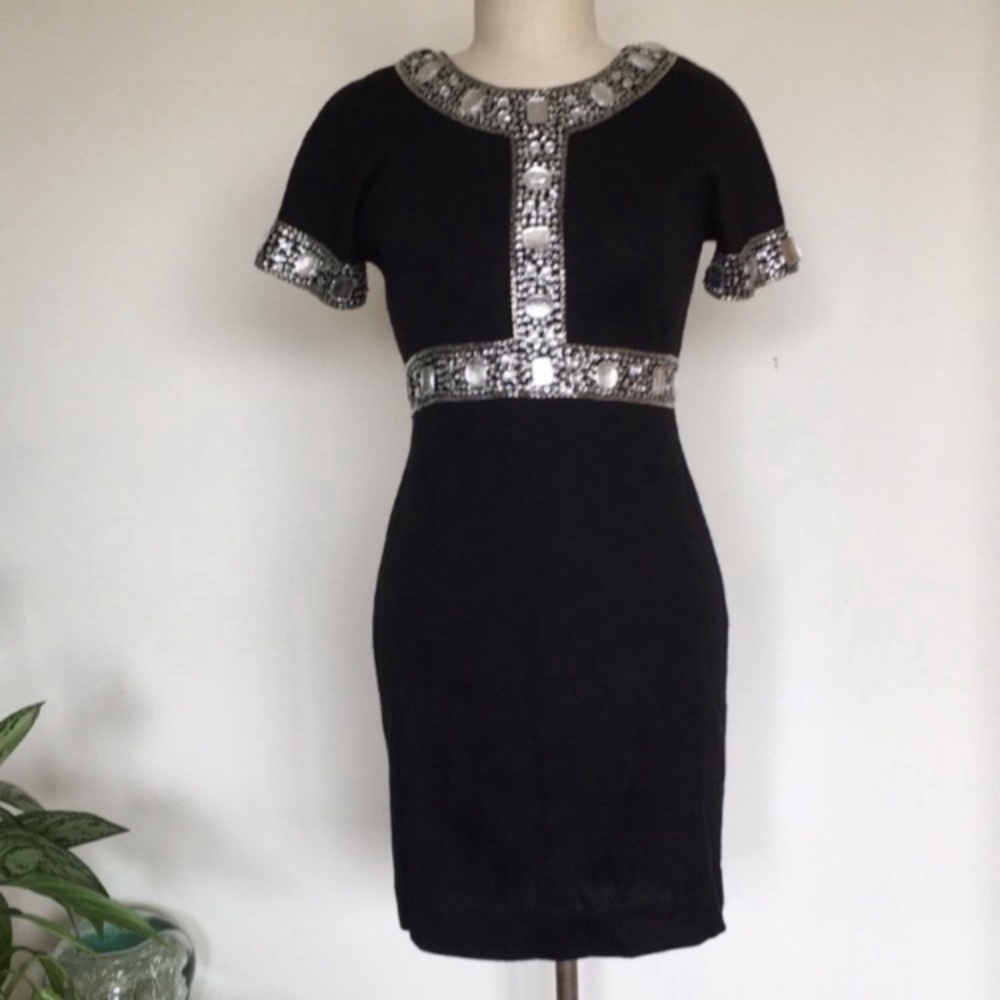 Vintage 80s black jeweled dress, wool blend jersey, marked 8P but fits 4P